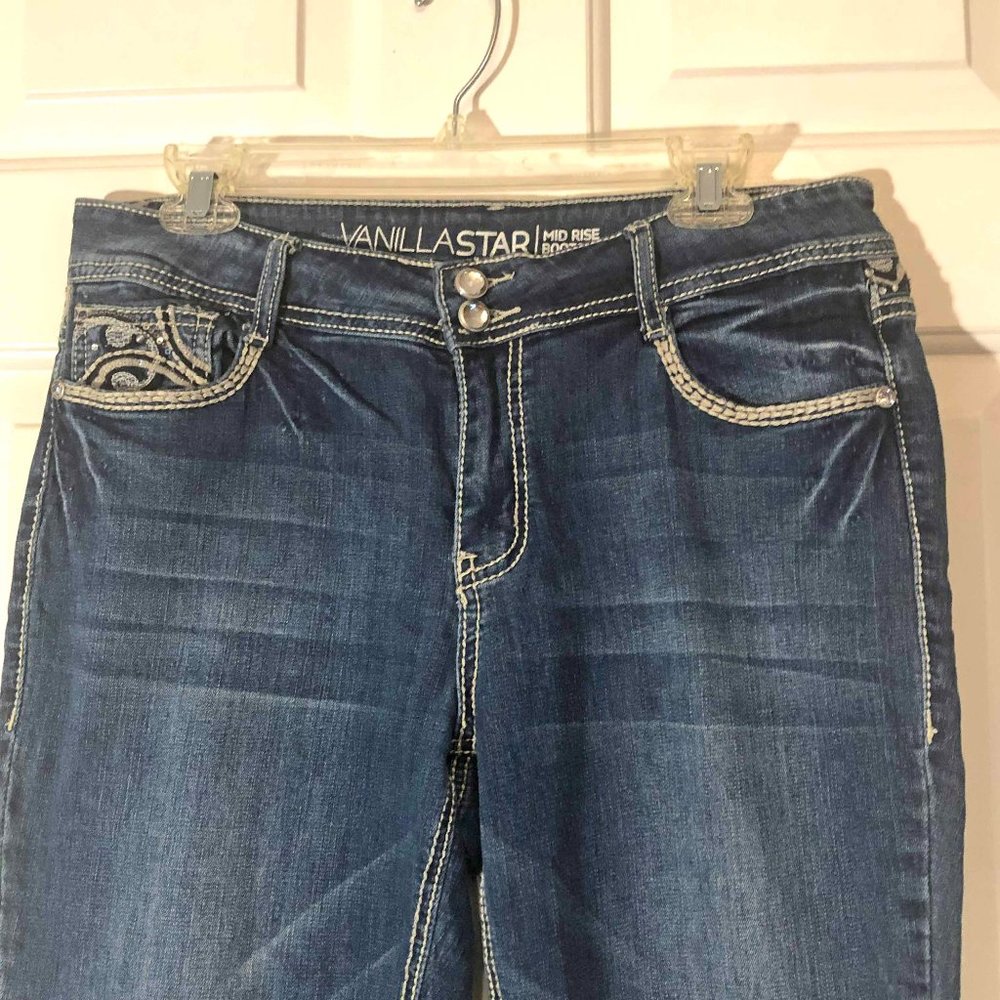 Vanilla Star Womens Jeans Size 14 Blue Mid Rise Bootcut Stretch beaded pockets